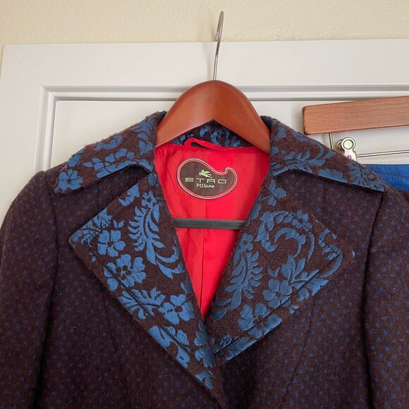 Etro Milano Suit Womens 42 Italy Brown Blue Wool Silk Brocade Handkerchief Skirt - Picture 4 of 14